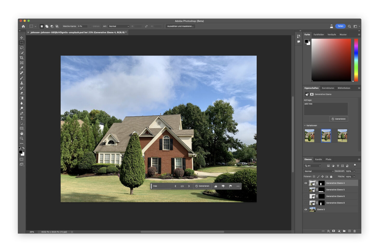 Screenshot des Programms Photoshop (Beta). Das Fotos eines Hauses ist geöffnet. Vor dem Bild ist ein Programm-Fenster geöffnet mit den Begriffen „tree“ und „generieren“.