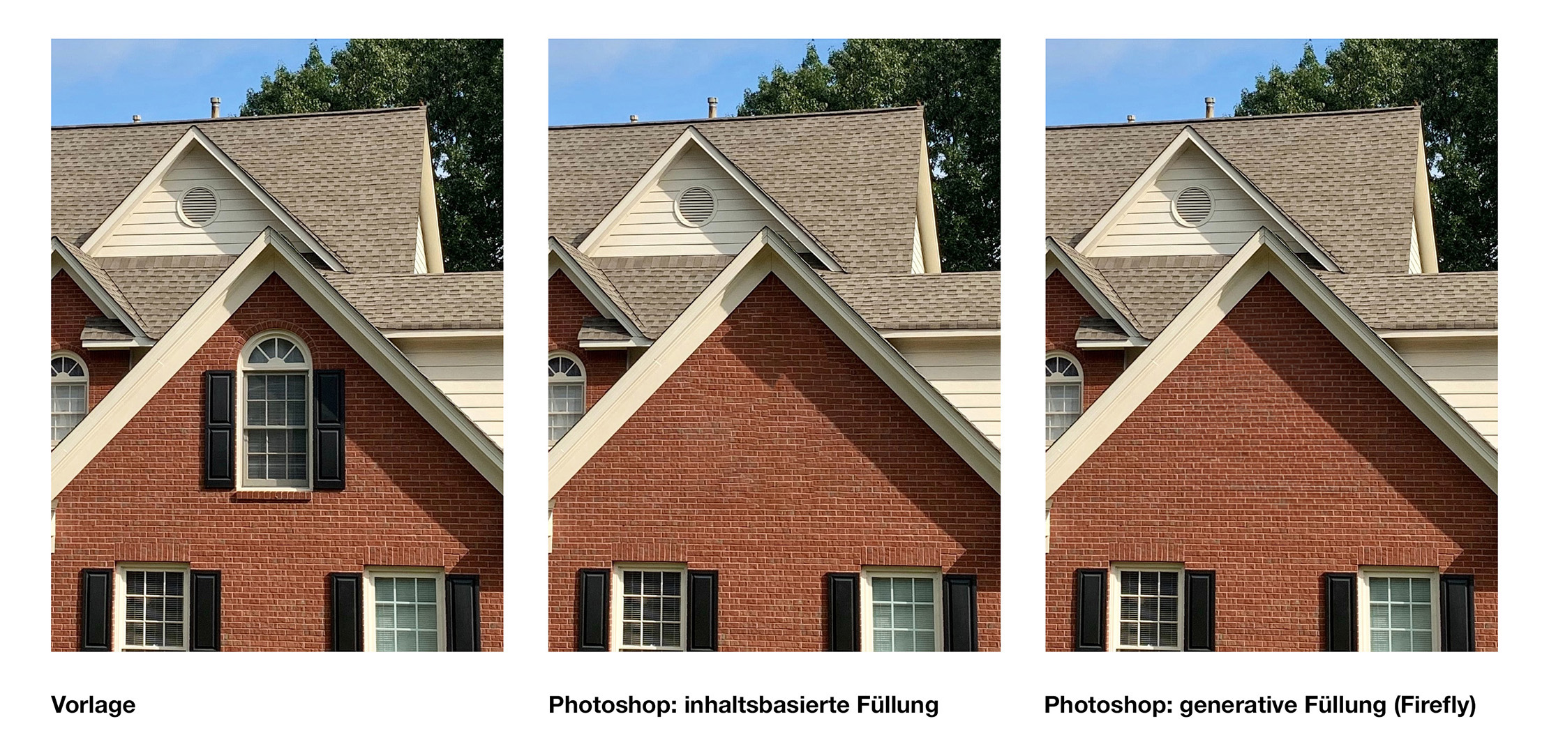 3 Bilder mit dem gleichen Motiv. Ausschnitt eines Hauses mit mehreren Fenstern sowie zwei Ansichten, in denen ein Fenster wegretuschiert wurde, einmal mit der inhaltsbasierten Füllung und einmal mit Photoshop Firefly. 