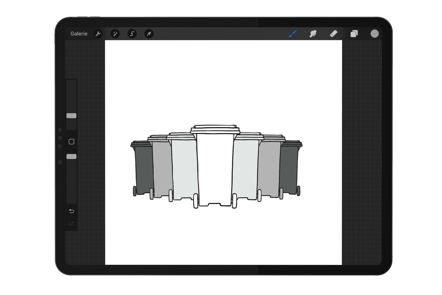 Mockup iPad: Aufstellung von 7 Mülltonnen in unterschiedlichen Grau-Tönen