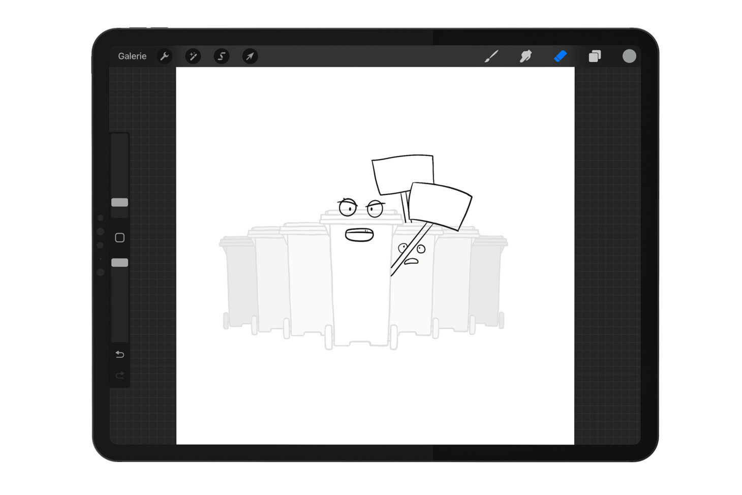 Mockup iPad: Aufstellung von 7 Mülltonnen, Gesichter und Schilder werden gezeichnet